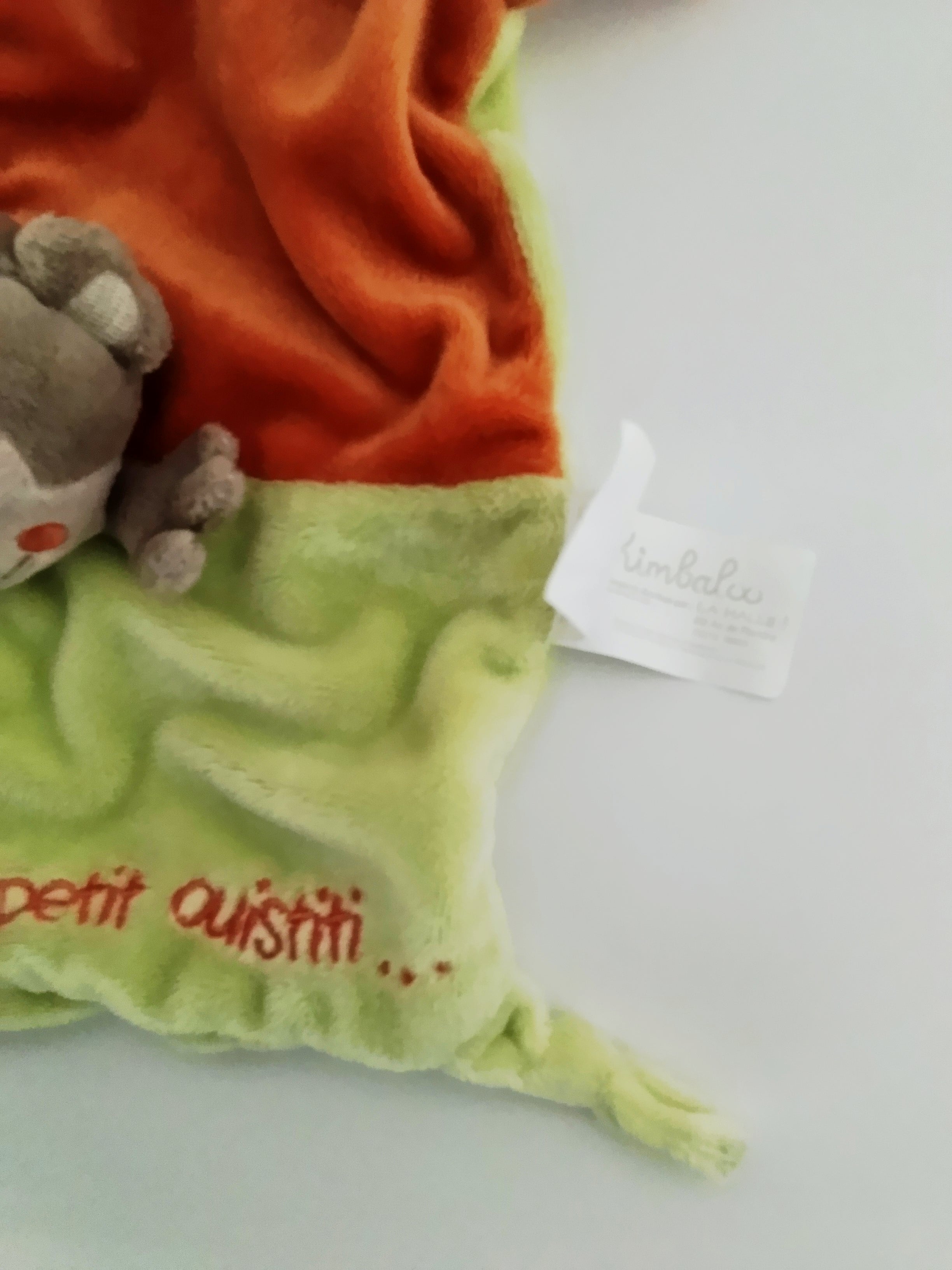 Doudou plat petit Ouistiti vert et orange KIMBALOO